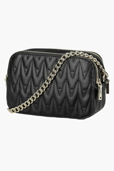 Black quilted crossbody bag with gold-tone chain strap and zipper closure, side view