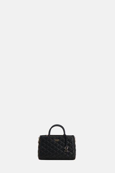 Sac à main noir de Guess, avec un motif matelassé en losange et un petit cadenas décoratif.