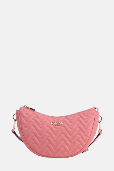 Roze Guess schoudertas, met chevron-doorgestikt patroon en dunne schouderriem.