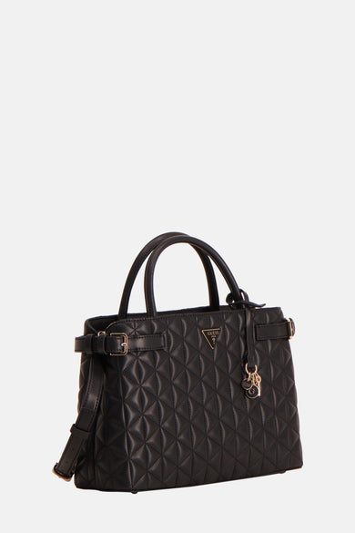 Sac à main noir en similicuir matelassé de Guess avec bandoulière réglable et charms décoratifs.
