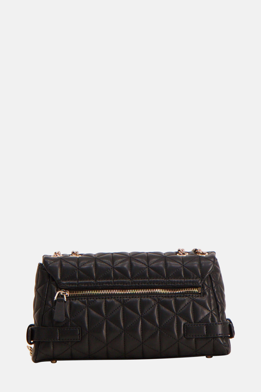 Sac à bandoulière noir de Guess, avec un motif matelassé à losanges et une chaîne dorée.