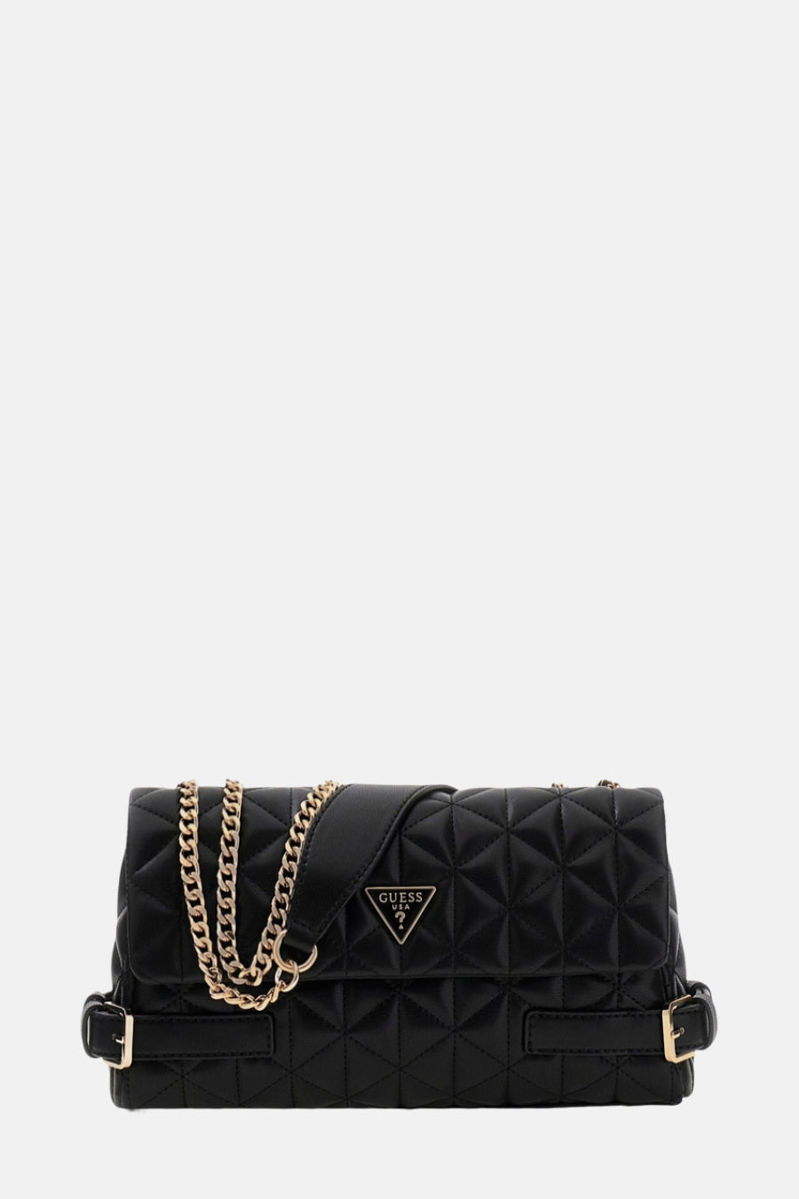 Sac à bandoulière noir de Guess avec chaîne dorée et motif matelassé.

