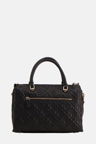 Zwarte Guess handtas, gewatteerd patroon met zichtbare gouden ritssluiting.