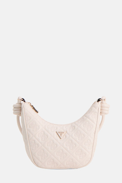 Sac à bandoulière blanc de Guess, motif en losange et logo imprimé, avec bandoulière nouée.
