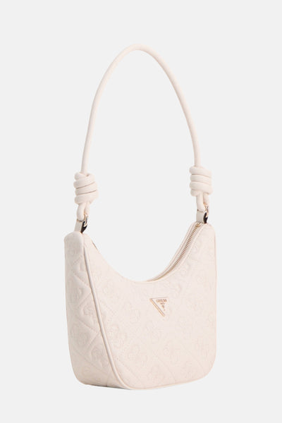 Witte Guess schoudertas van imitatieleer met ton-sur-ton patroon en geknoopte schouderband.
