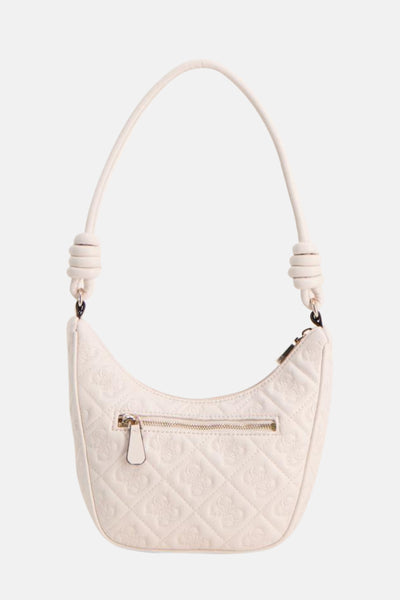 Witte Guess schoudertas met ruitpatroon en zichtbare ritssluiting.