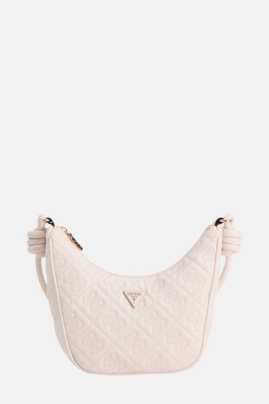 Witte Guess schoudertas met ruitpatroon en geknoopte bandjes.