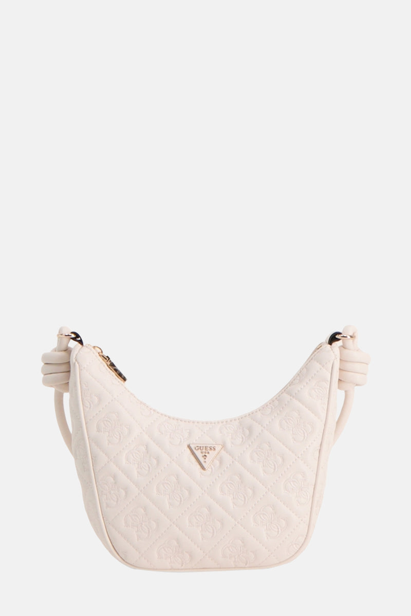 Witte Guess schoudertas met ruitpatroon en geknoopte bandjes.