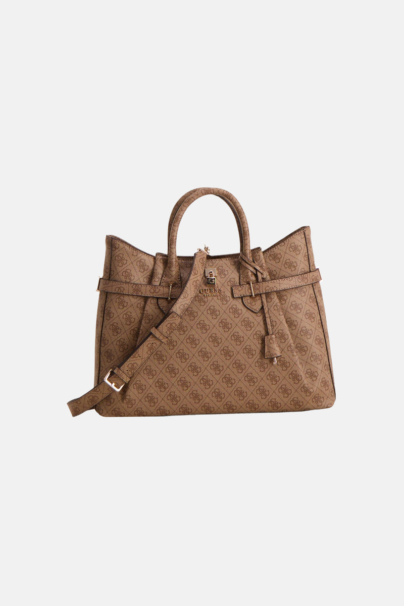 Bruine Guess handtas, versierd met een all-over logoprint en een ritssluiting aan de voorkant.