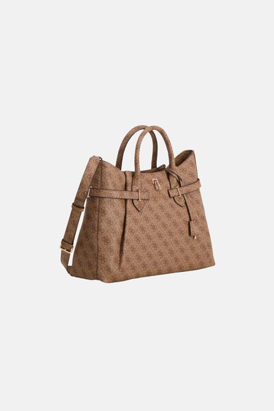 Bruine handtas met logopatroon, van Guess, met schouderriem en gouden afwerkingen.