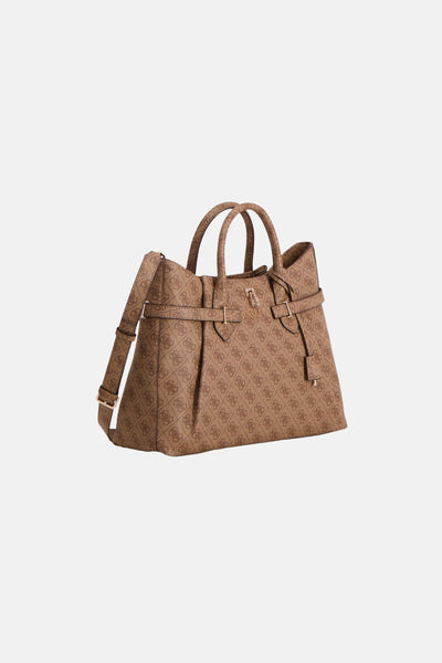 Bruine handtas met logopatroon, van Guess, met schouderriem en gouden afwerkingen.