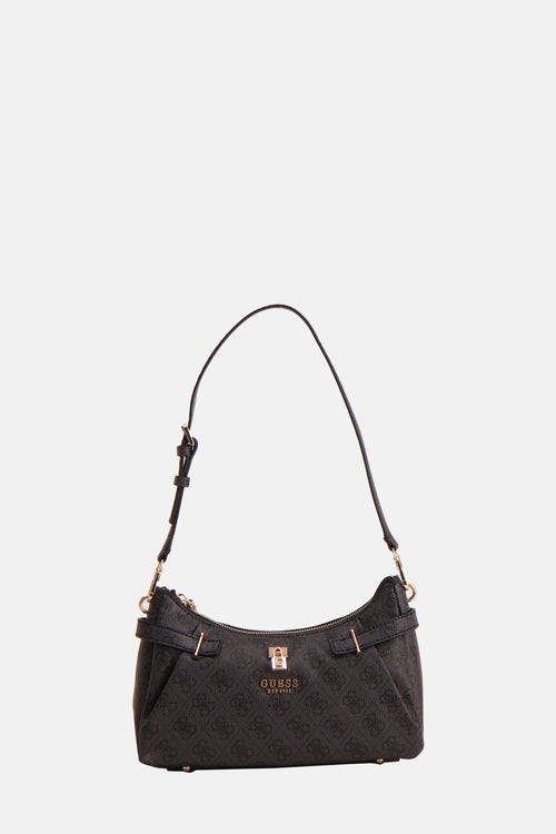 Zwarte Guess schoudertas met monogrampatroon en gouden details.