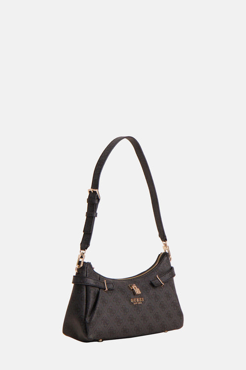 Zwarte Guess schoudertas met print en gouden gespdetails.