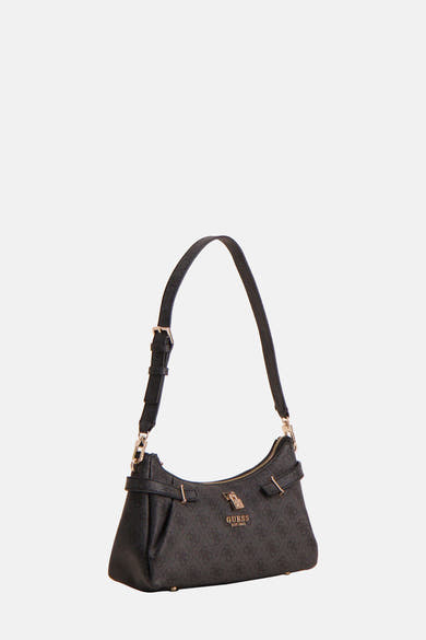 Zwarte Guess schoudertas met print en gouden gespdetails.