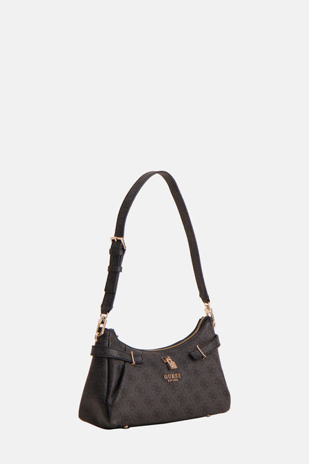 Zwarte Guess-shoulder bag met printpatroon en gouden knopen.