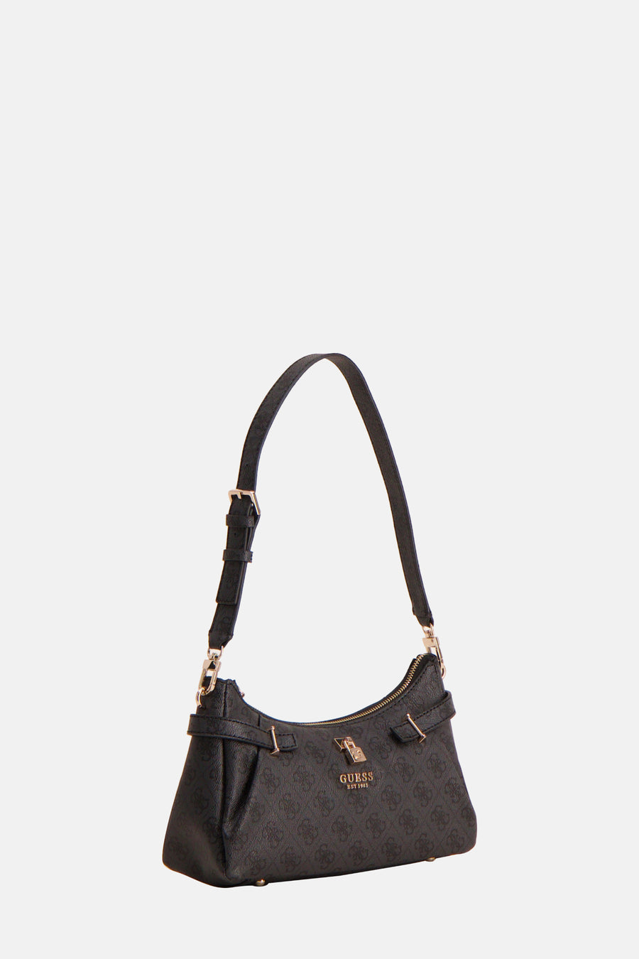 Zwarte Guess schoudertas met print en gouden gespdetails.