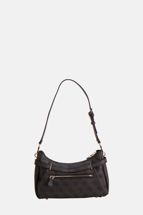 Sac à bandoulière noir de Guess avec motif monogramme et détails dorés.
