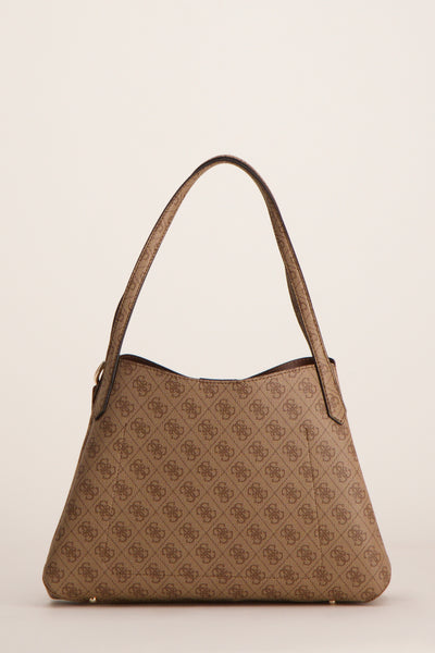 Bruine Guess handtas met herhaald monogrampatroon en bijpassend hengsel.