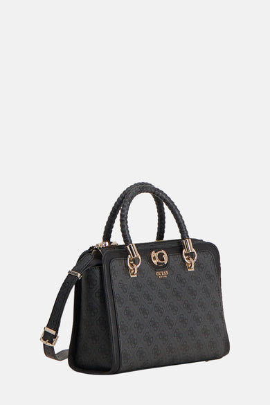 Sac à main gris de Guess, avec un motif de monogramme et des détails dorés sur les poignées.