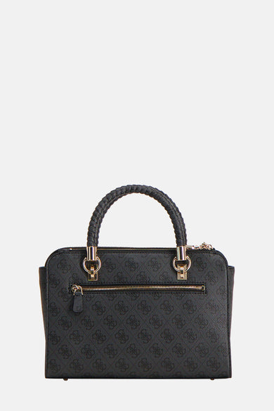 Sac à main gris de Guess, avec motif imprimé ton sur ton et anse tressée sur le dessus.