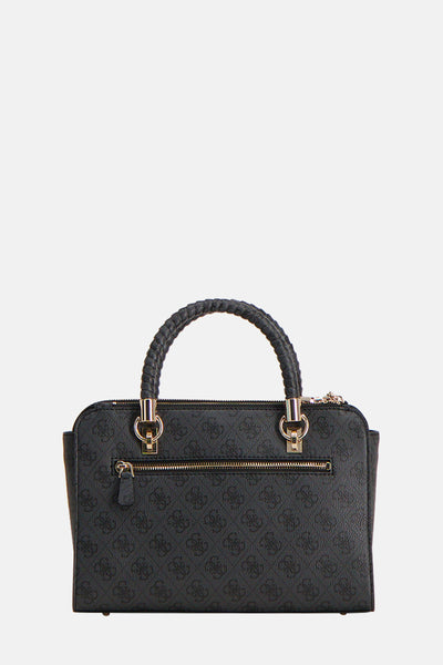 Sac à main gris de Guess, avec motif imprimé ton sur ton et anse tressée sur le dessus.