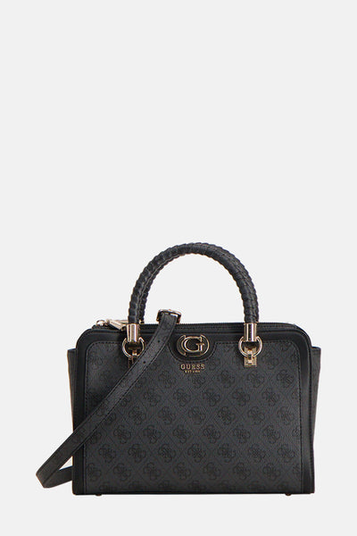 Sac à main gris de Guess, avec motif à logos répétés et anse tressée.