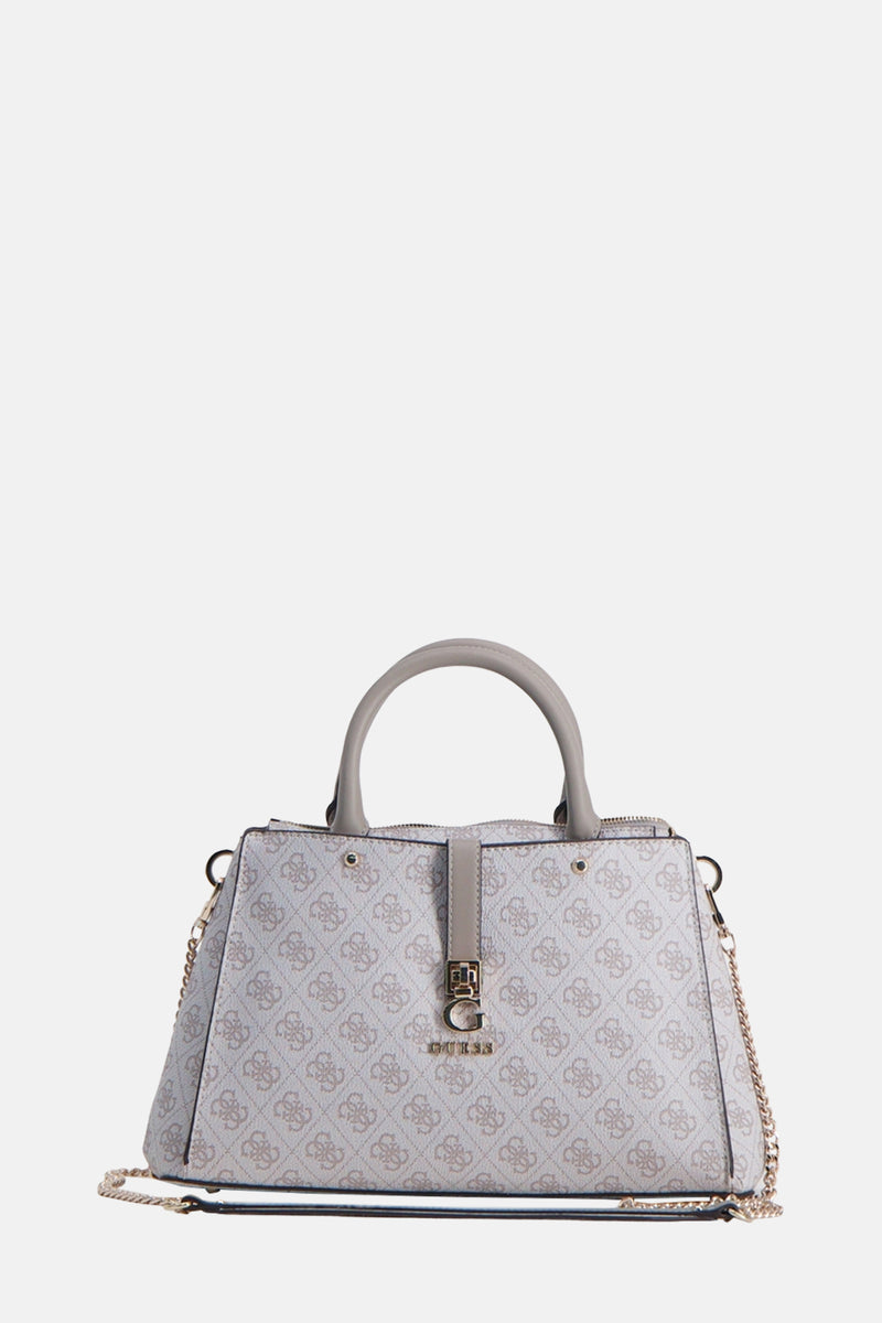 Beige Guess handtas met ruitvormig monogrampatroon en gouden kettingriem.