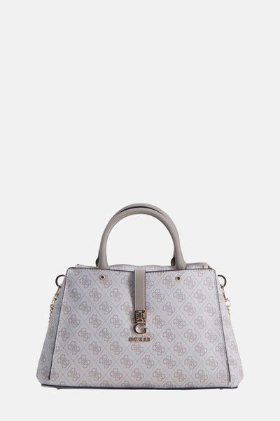 Sac à main beige de Guess, avec un motif à logo répété, des détails dorés et une anse arrondie grise.
