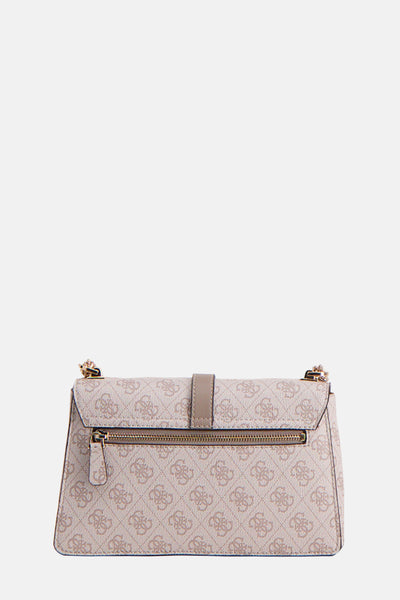 Sac à bandoulière beige de Guess, avec motif monogramme et fermeture zippée au dos.
