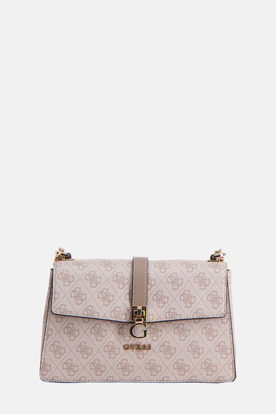 Sac à bandoulière beige de Guess, avec un motif de monogramme et une fermeture à boucle dorée.

