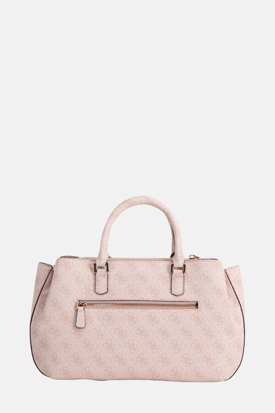 Roze Guess handtas, met monogrampatroon en zichtbare ritssluiting.