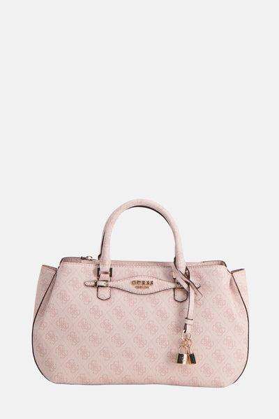 Sac à main rose de Guess, orné d'un motif logo répété et de deux cadenas décoratifs dorés.
