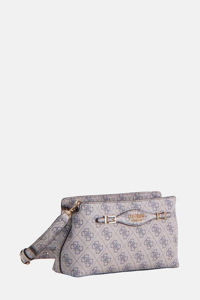 Blauwe Guess schoudertas met all-over monogrampatroon en bijpassende schouderriem.