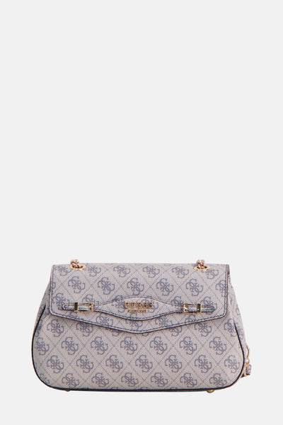Sac à bandoulière bleu de Guess, avec un motif monogramme imprimé et une bandoulière chaîne dorée.