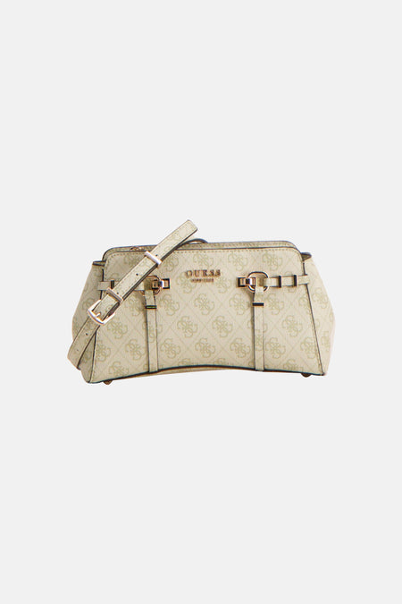 Sac à bandoulière vert de Guess, avec motif imprimé ton sur ton et détails de boucles dorées.
