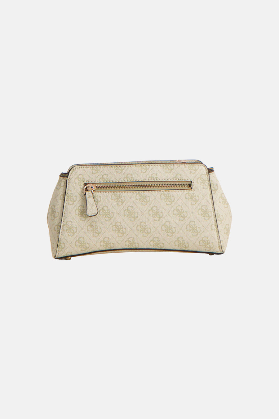 Sac à bandoulière vert de Guess, avec motif monogramme et fermeture éclair dorée sur le dessus.