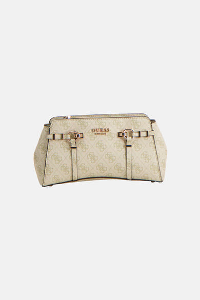 Groene Guess schoudertas met ton-sur-ton monogrampatroon en gouden gespdetails.