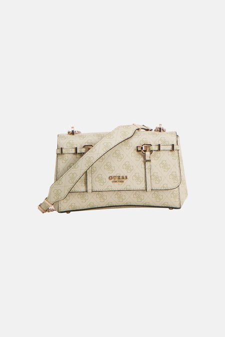 Sac à bandoulière vert de Guess, avec motif monogramme et détails dorés.
