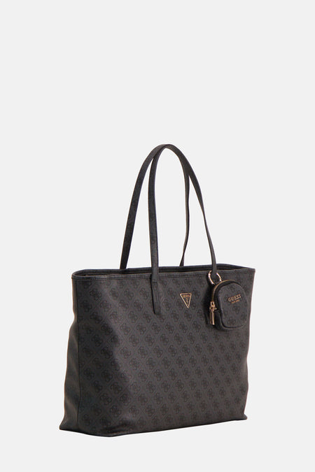 Zwarte Guess schoudertas met een printpatroon en een klein decoratief etui met rits.