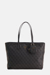 Zwarte Guess schoudertas, met monogram logo patroon en klein rond portemonneetje.
