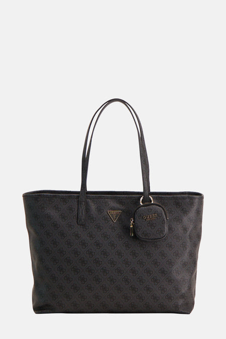 Zwarte Guess schoudertas, met monogram logo patroon en klein rond portemonneetje.