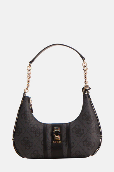 Sac à bandoulière noir de Guess, avec motif logo et détails dorés, chaîne décorative sur la bandoulière.
