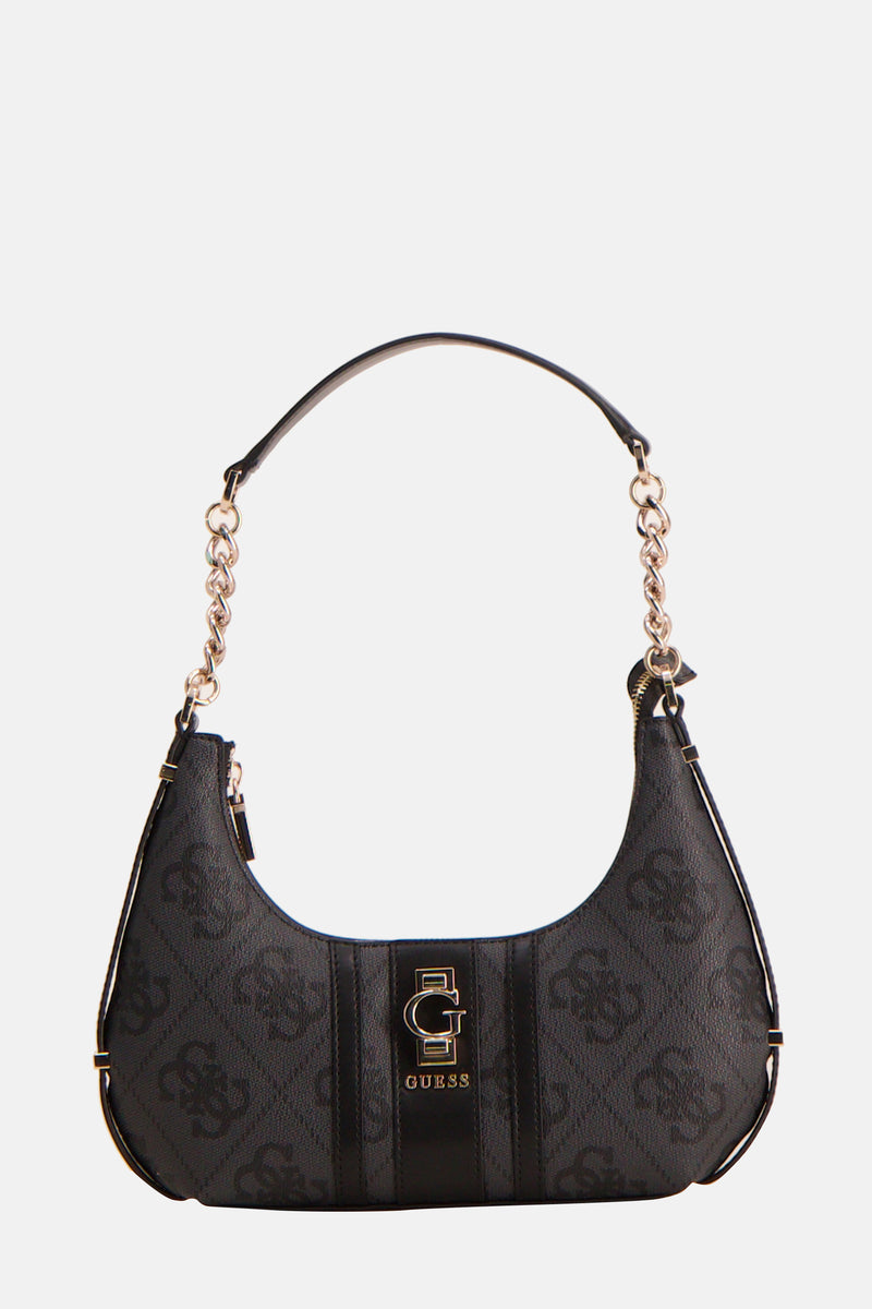 Sac à bandoulière noir de Guess, avec motif logo et détails dorés, chaîne décorative sur la bandoulière.
