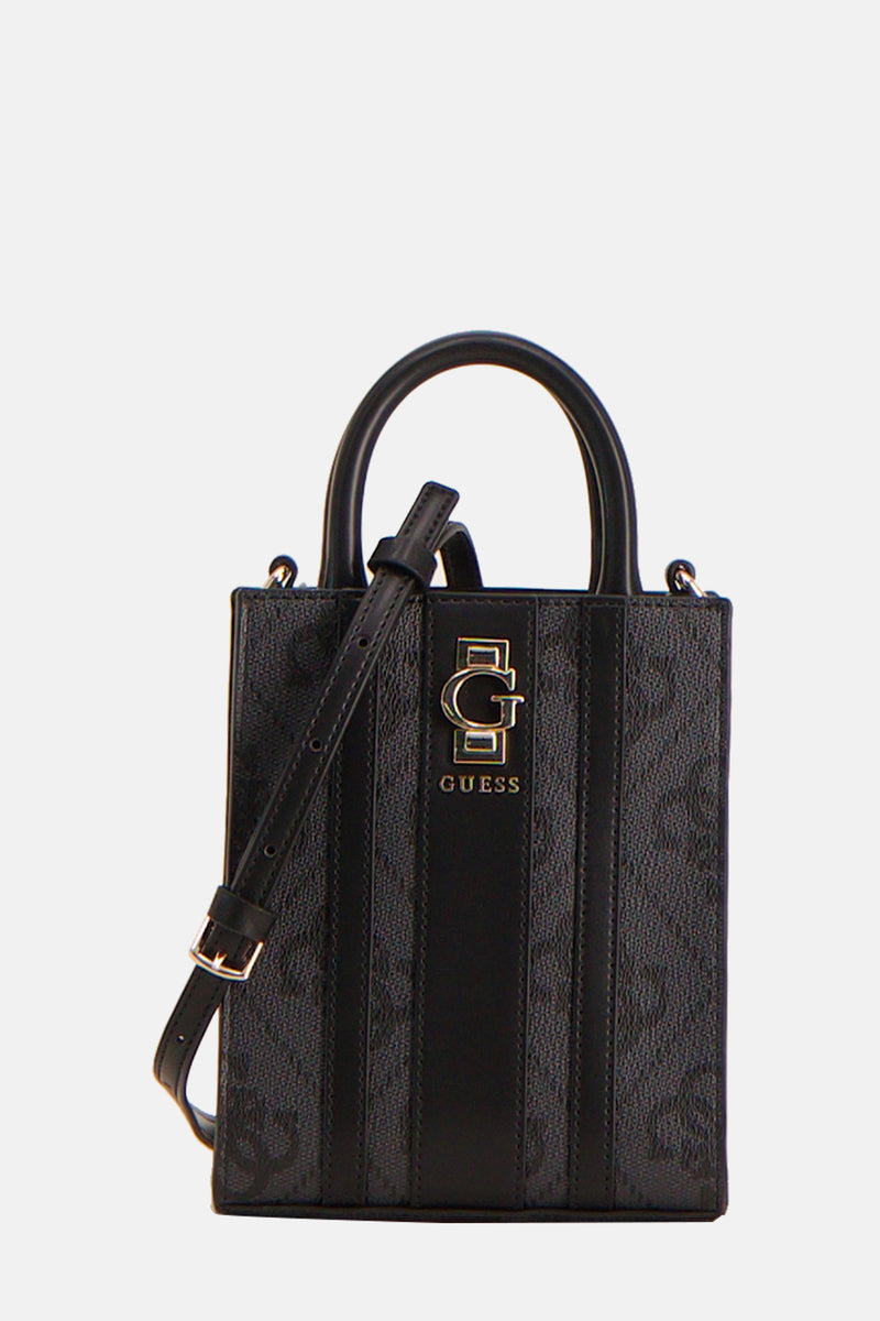 Sac à bandoulière noir de Guess avec bandoulière réglable, motif monogrammé et logo doré.
