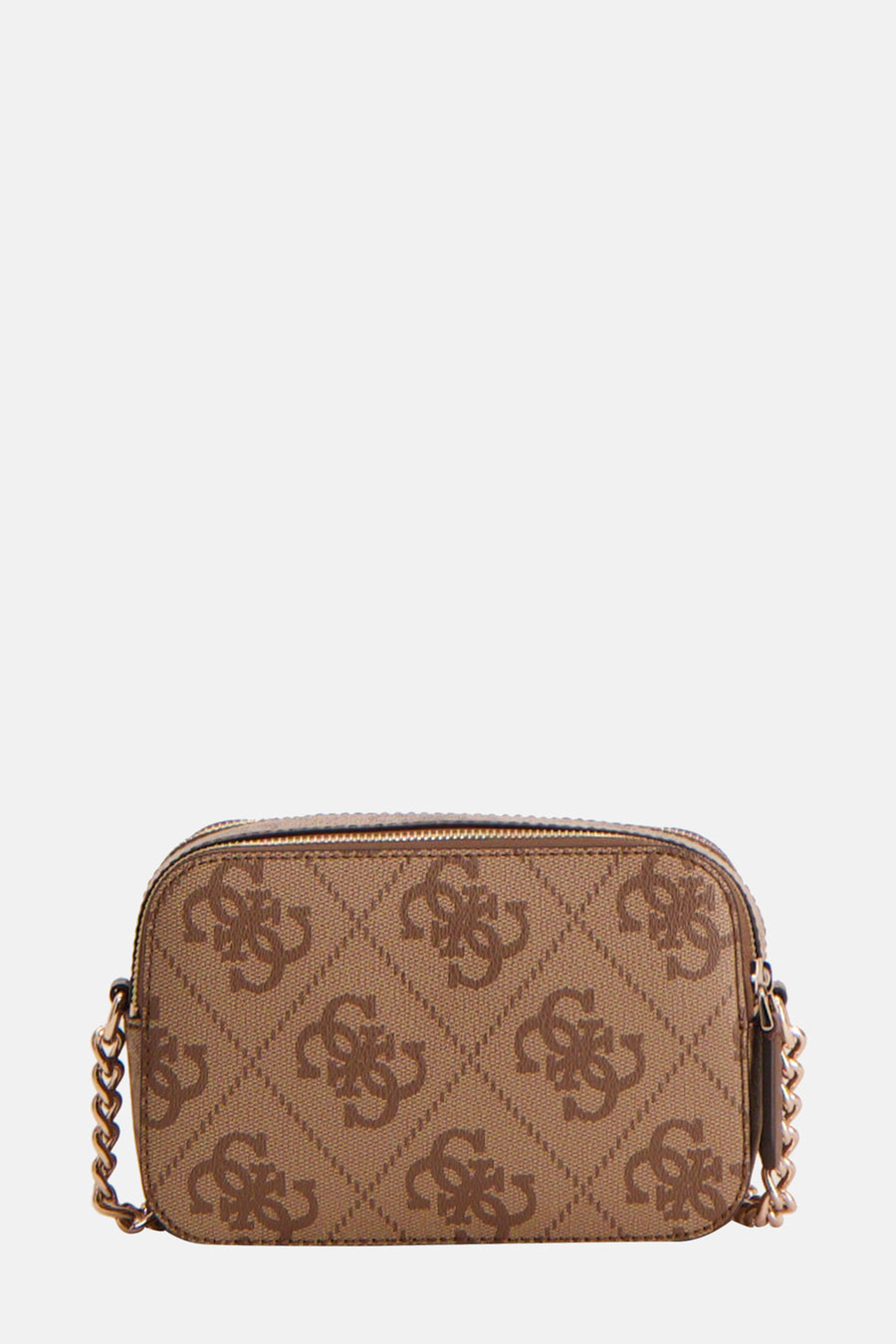 Sac à bandoulière brun de Guess, avec motif logo répété et bandoulière chaîne dorée.
