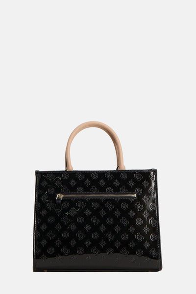 Zwarte lakleren handtas van Guess, met reliëf monogrampatroon en afgeronde hengsels.