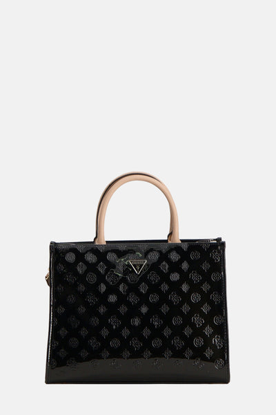 Sac à main noir de Guess avec motif imprimé en relief et anses arrondies beiges.
