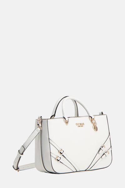 Sac à main blanc par Guess, avec des détails de brides décoratives et bandoulière amovible.
