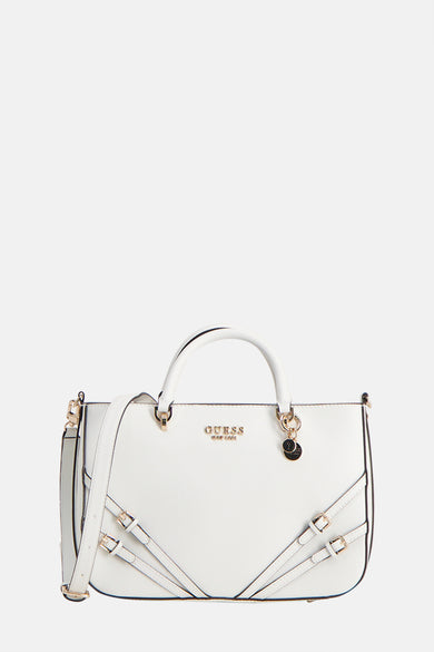 Sac à main blanc de Guess avec bandoulière et détails de boucles décoratives.