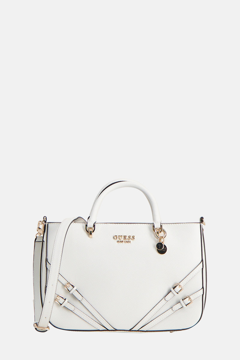 Sac à main blanc de Guess avec bandoulière et détails de boucles décoratives.